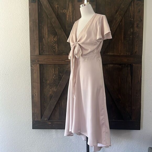 Satin V Neck Ruffle Short Sleeve Tie Front High Waist Midi A-Line Long D… - Picture 6 of 12